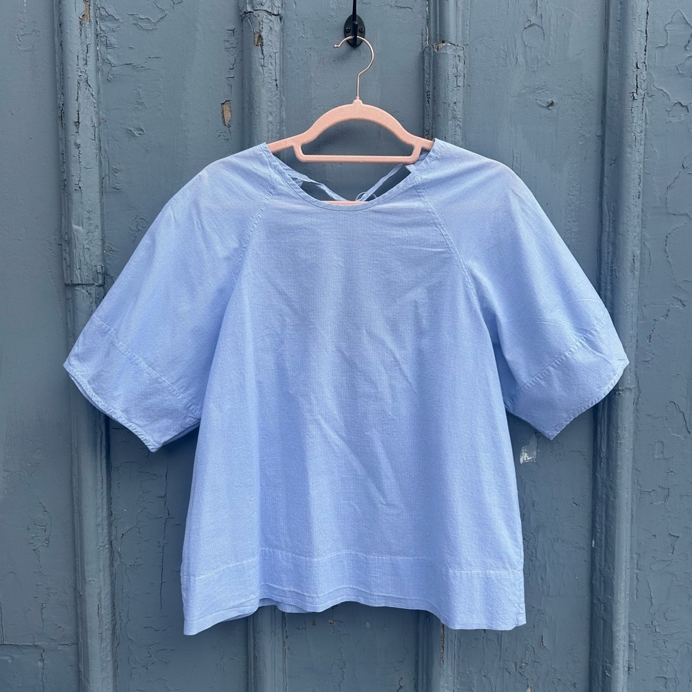 Everlane Windowpane Check Circle Open Back Blouse, size 8 - Picture 2 of 9